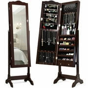 Gymax Mirrored Jewelry Cabinet Armoire Storage Organizer w/Drawer & Led Lights Brown