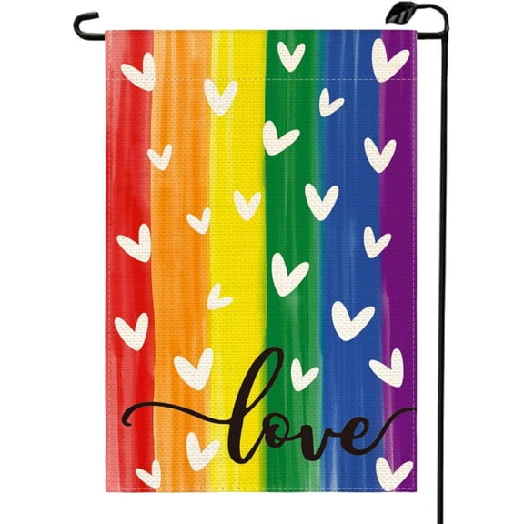 LGBTQ Pride Garden Flag 12.5x18 Small Burlap Double Sided for Outside Rainbow Love Heart Gay Lesbian Bisexual Transgender Yard Outdoor Flag LG04