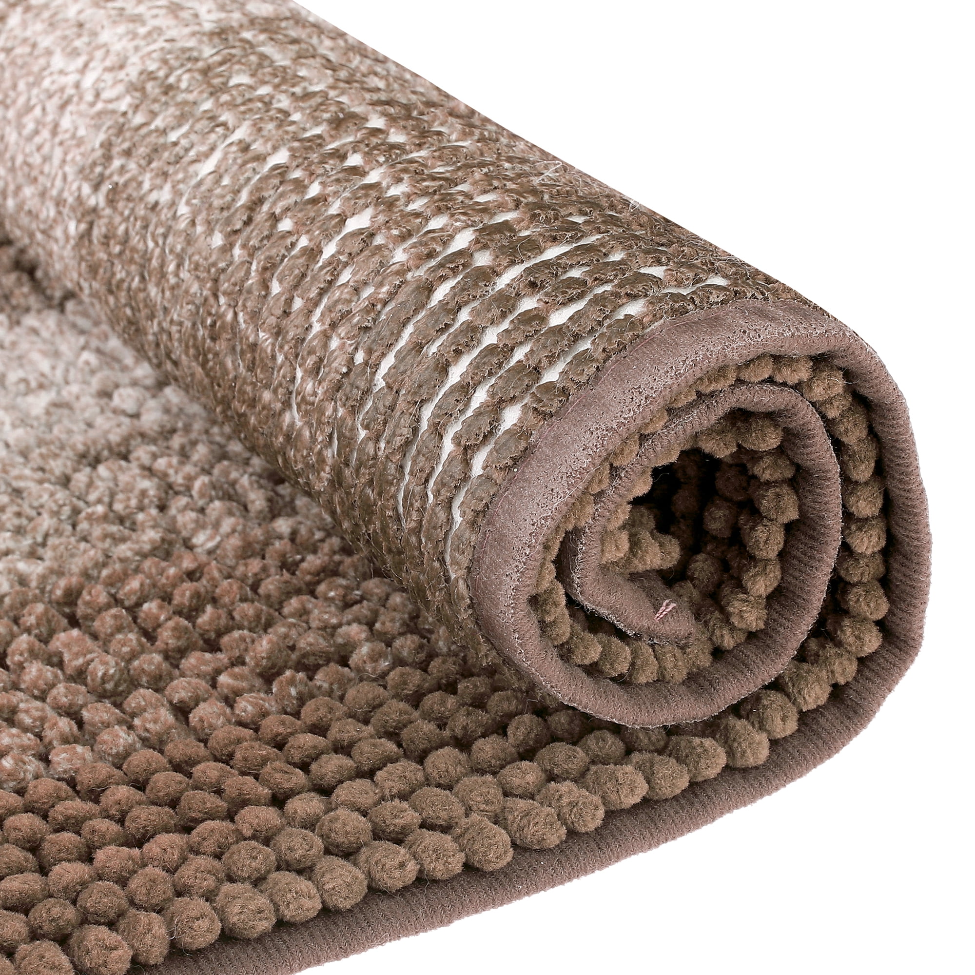 REGALWOVEN Contrasting Color Striped Bathroom Rugs, Non-Slip Plush Shaggy Bath Carpet, Bath Mats for Bathroom Floor, Tub and Shower Coffee 20" x 32"
