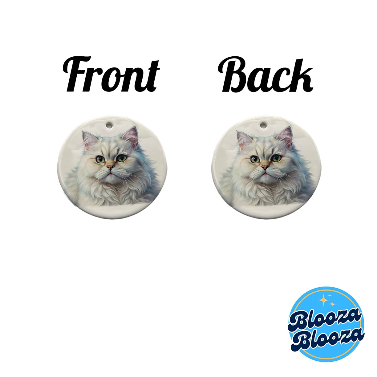 Classic Persian White Cat Illustration Christmas Tree Holiday Round Ceramic Ornament