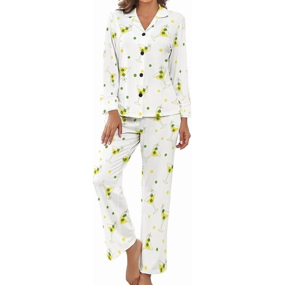 Top-kevin Womens Pajamas Set Martini Glass Dot Soft Long Sleeve Sleepwear Button Down Nightwear Pj Lounge Sets