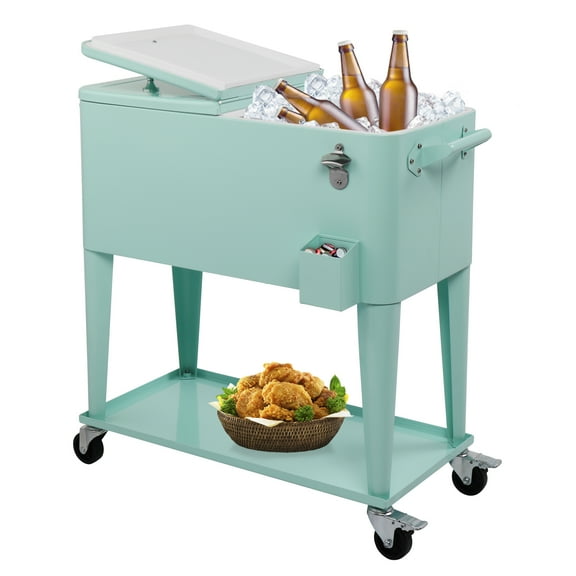 80QT Rolling Cooler Cart with Locking Wheels, Built-in Bottle Opener & Drain Plug - Insulated Ice Chest for Outdoor, Beach, Tailgating, Mint Green