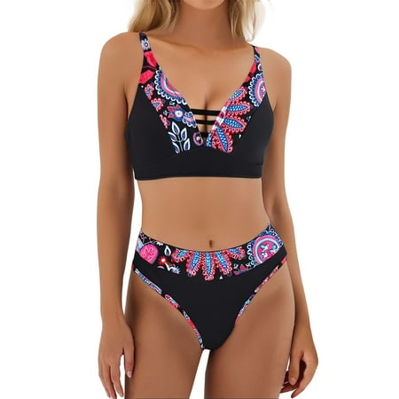 Womens Swimsuits Gathering String Triangle Color Block Cross-Back Bikini Sets Red Bathing Suits for Women M