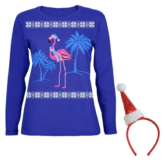 Flamingo Winter Ugly Christmas Sweater Womens Long Sleeve T Shirt with Santa Party Hat Headband