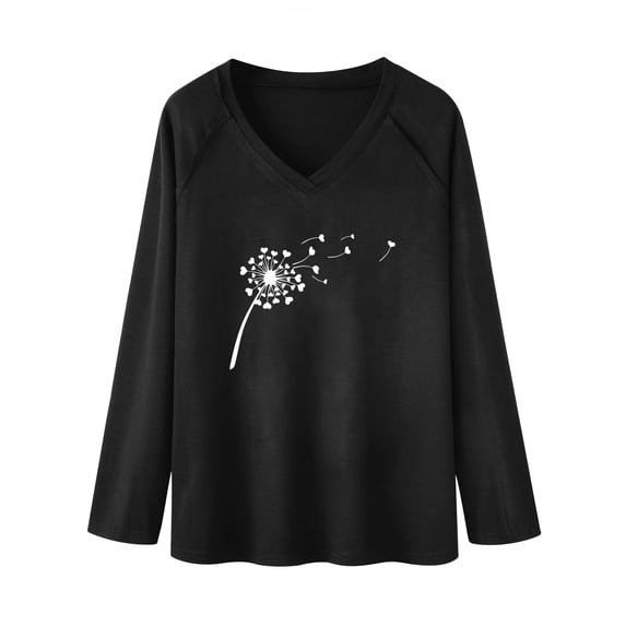 QAFOPEH Women Dandelion Heart Print V Neck Long Sleeve Top