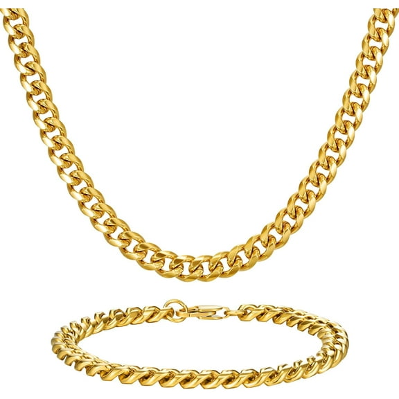 Stainless Steel Cuban Link Chain and Bracelet Set for Men, Chains 3.5mm/5mm/7mm Width, Bracelet 7 1/2" and 8" Length, No Tarnish & Durable Mens Jewelry