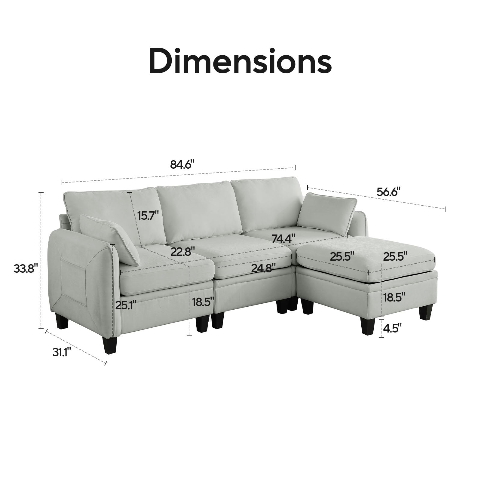 MAYEERTY 85 Inch Chenille Modular Sectional Sofa, DIY Combination Convertible Sofa with Storage Ottoman, for Living Room, Apartment