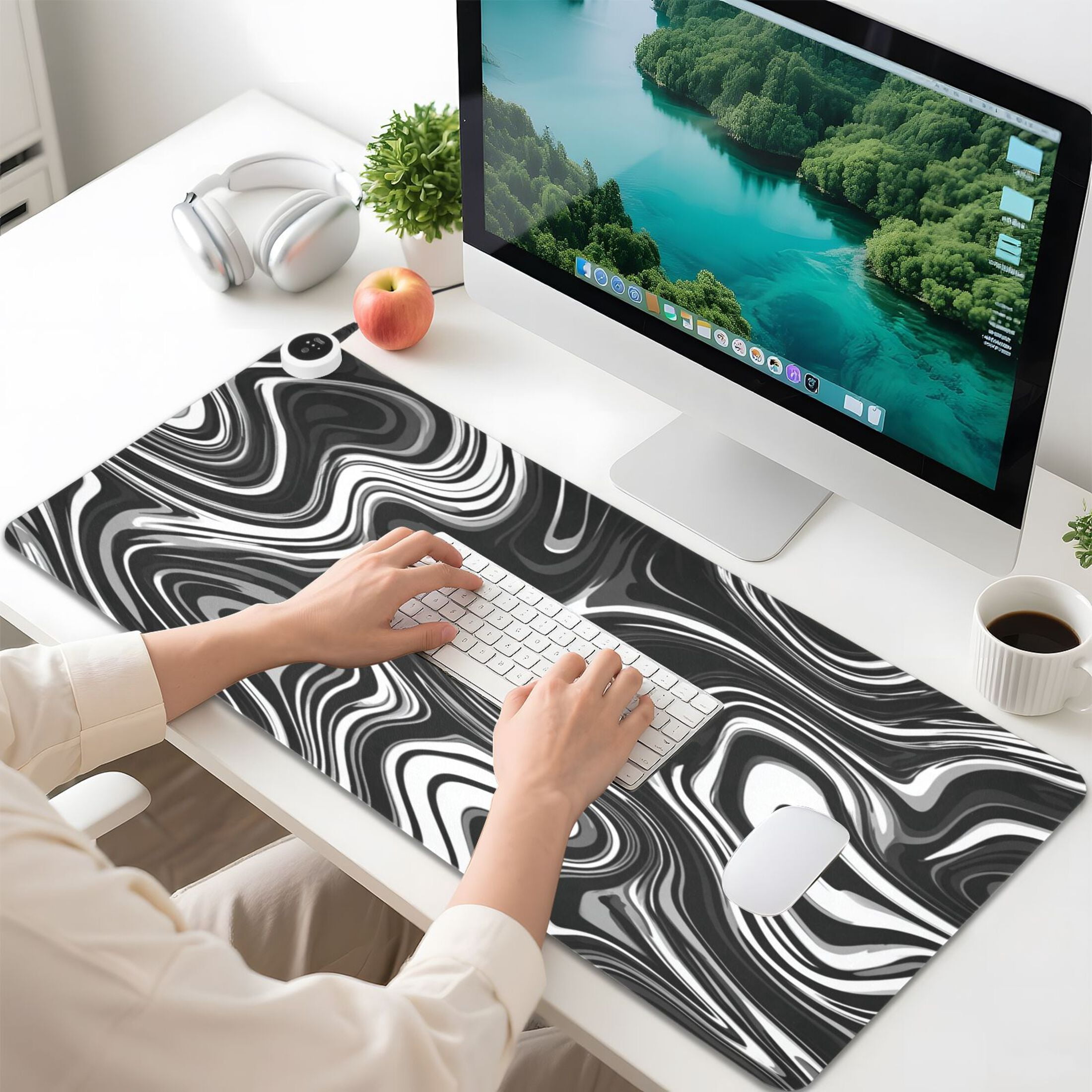 Large Heated Desk Mat Mouse Pad 31.5"x13"PU Leather Graphene Heating Desk Warmer with 3 Temperature Settings 110V US Plug Non-Slip Warm Pad for Home, Office, and Gaming Matte Black Flowing Lines