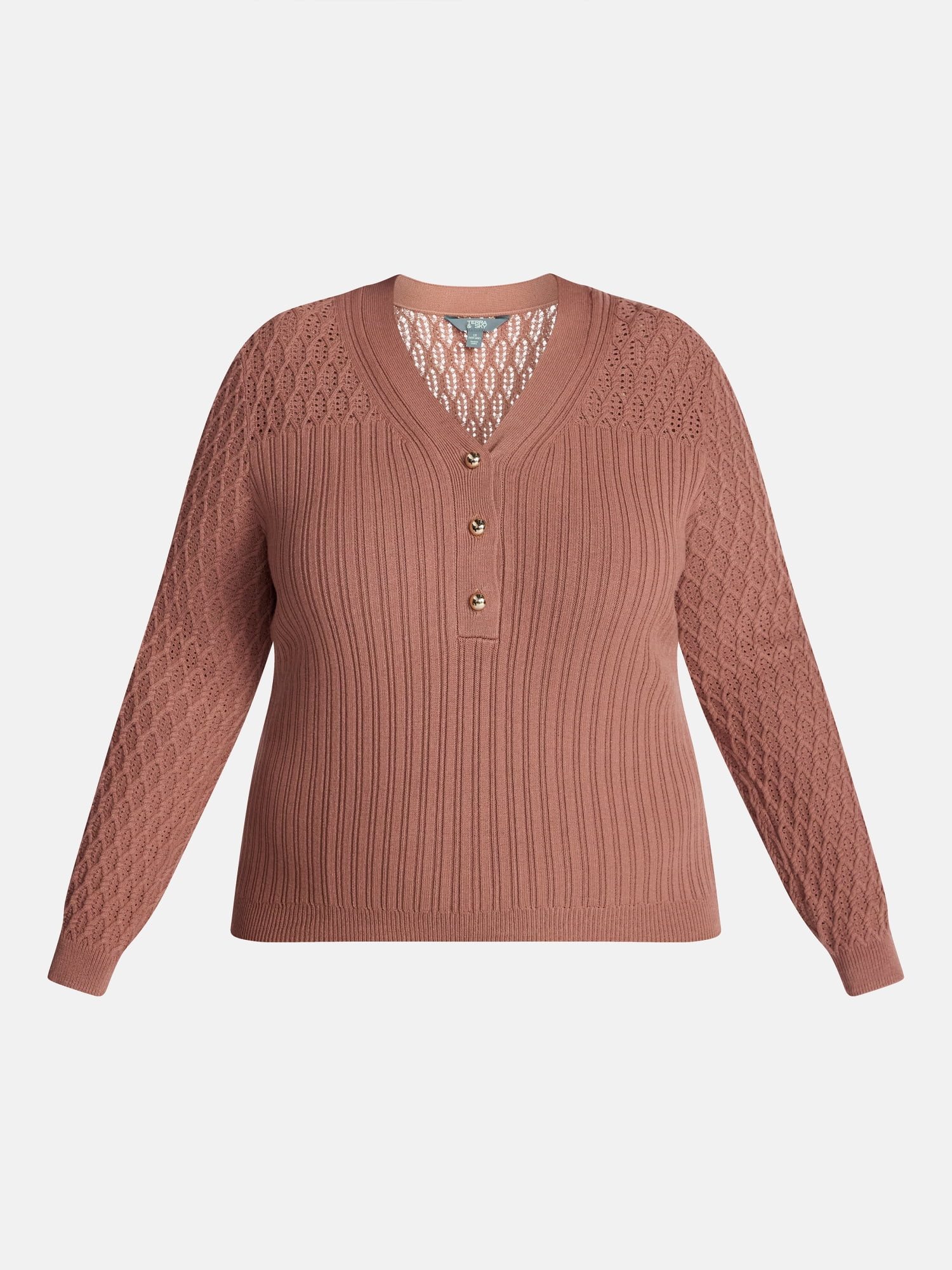 Terra & Sky Women’s Plus Ribbed Henley Sweater with Long Sleeves, Midweight, Sizes 0X-5X