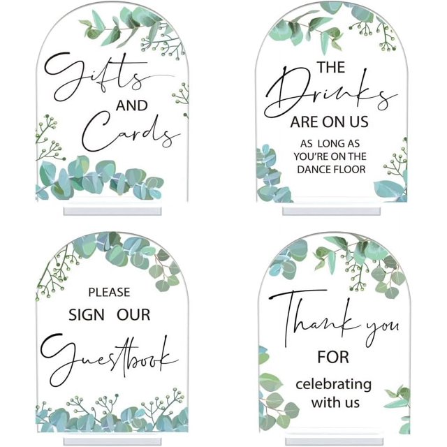 4 letreros de boda de acrílico de 5 x 7 pulgadas con soportes, letreros de recepción de boda de acrílico transparente con hojas, letrero de libro de visitas, letrero de obsequios y tarjetas, letrero