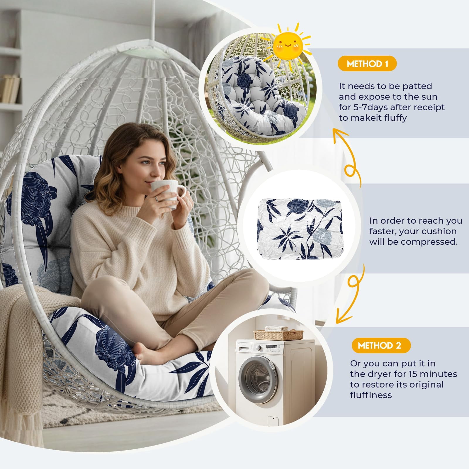 Waterproof Egg Chair Cushion Replacement Outdoor Hanging Egg Chair Cushion 47x35x7 Inches Thicken Couch Cushions with Ties, Blue Enchantress