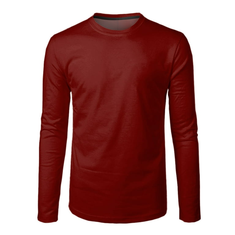 Red Summer Long Sleeve Crewneck Gym Spandex T Shirts Mens Fashion Casual  Sports Fitness Outdoor Curved Hem Solid Color Round Neck Shirt Top