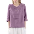 thumbnail image 2 of Young Womens Clothes Kelon Womens Tops Short Sleeve Shirts Cowl Neck Embroidered Shirt Dressy Casual Work Blouses Fashion Boho Clothes, XL, 2 of 6
