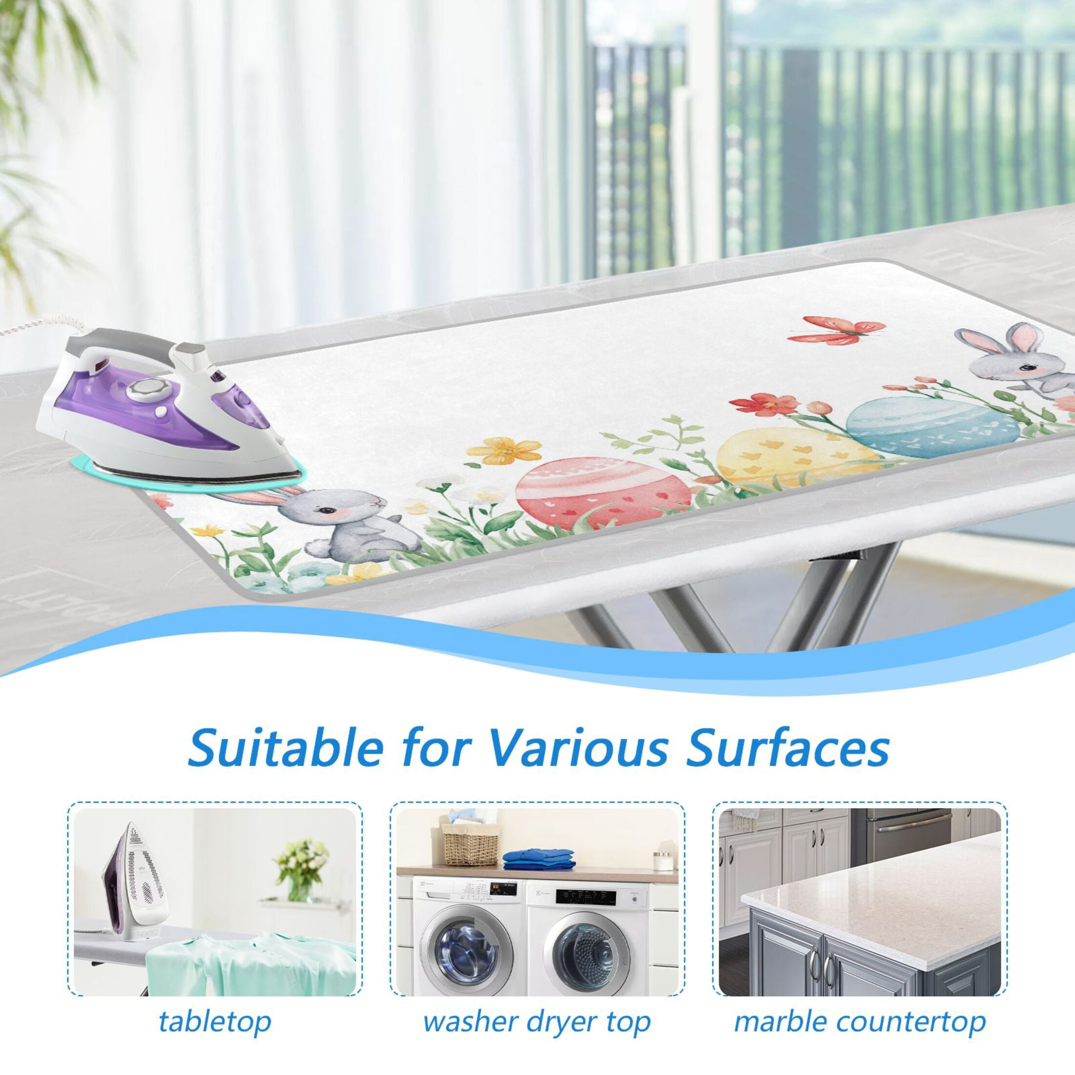 Little Rabbits Easter Eggs Florals Butterflies Ironing Mat Blanket Portable Travel Ironing Pad Heat Resistant Pad 47.2" x 27.6”