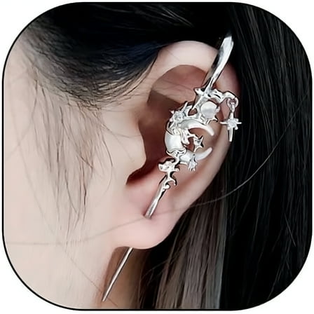 DESIGNICE 2Pcs Myth of the Moon Ear Hook Needle Piercing Earring Goth Climber Crawler Earrings Vintage Punk Moon Wrap Earrings Jewelry Accessory Present for Women Wife