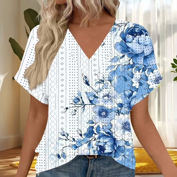 ATENAR T Shirts for Women Loose Summer Tops for Women Short Sleeve Tee Light Blue S