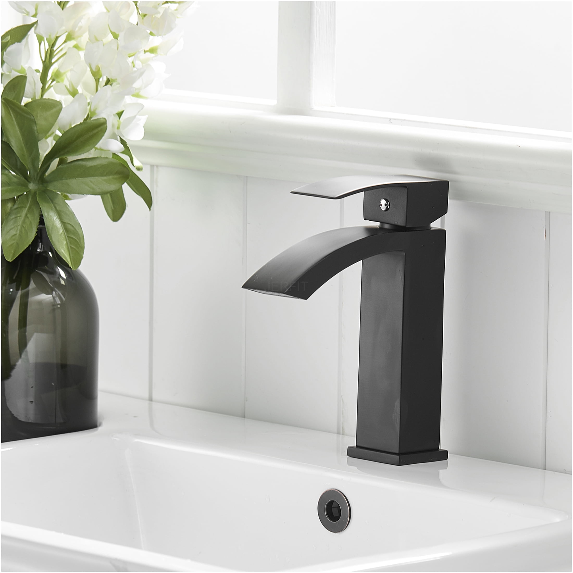 JERFIT Modern Single Handle Bathroom Faucet, Brushed Black Waterfall Vessel Sink Faucet, Single Hole Vanity Basin Tap for Bathroom, Powder Room, Guest Bath