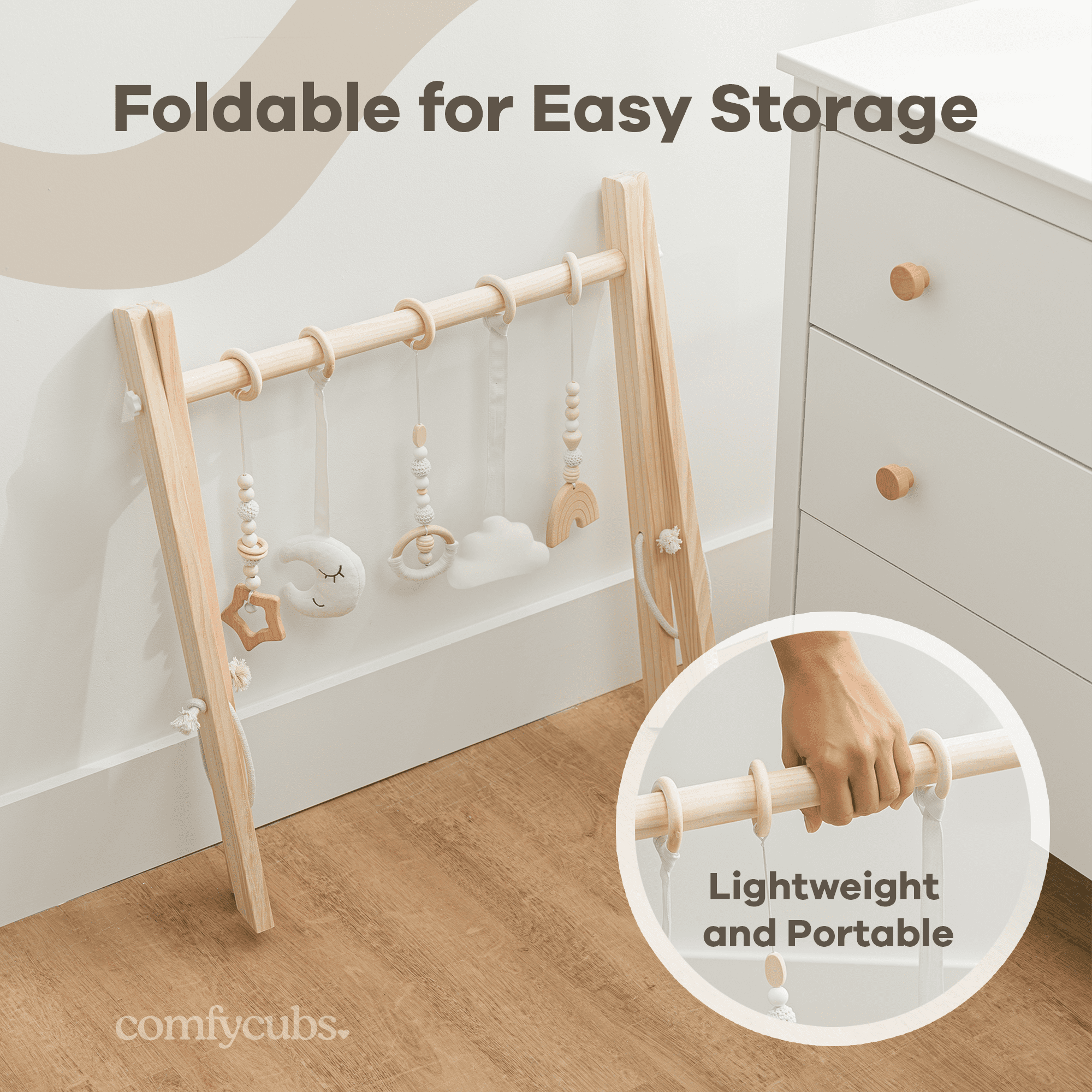 Comfy Cubs Baby Play Gym Set, Wooden Hanging Bar with Gym Toys, Foldable for Infants, Natural Wood