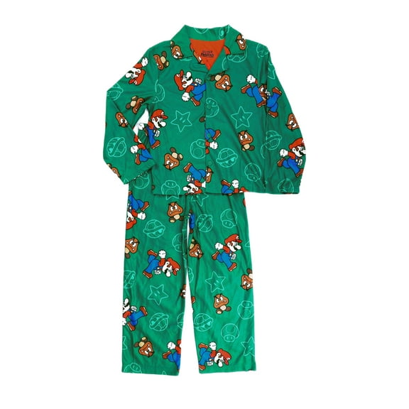 Super Mario and Goombas Print Flannel Character Button-Down Pajama Set (Size 8)
