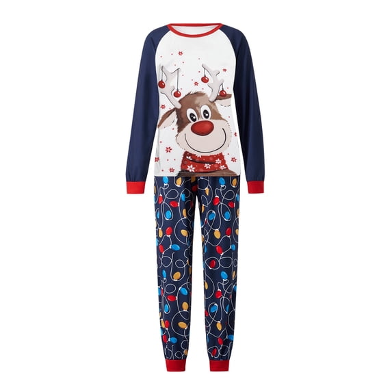 hirigin Matching Family Christmas Pajamas, Long Sleeve Elk Tops + Lights Print Pants Set