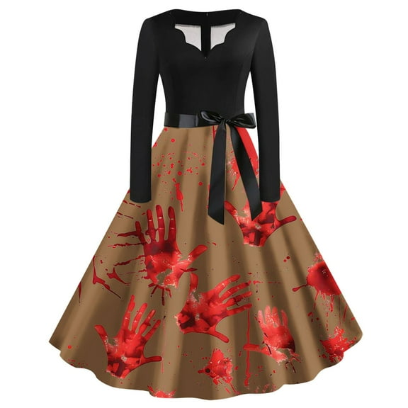 Nmnitkp Halloween Dresses High Cost Performance Halloween Dress for Women 1950s Vintage Pumpkin Printed Long Sleeve V Neck Plus Size Evening Prom Dresses with Belt Show Individuality Gothic Dress