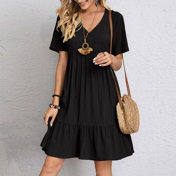 RYDCOT Summer Dresses for Women 2024 Casual Short Sleeve V-Neck Pleated Casual High Waist Dress Solid Ruffle Dresses for Women Trendy Sale or Clearance