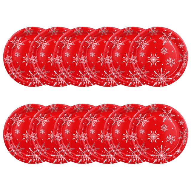 Christmas Red and White Snowflake Small Paper Plate, 7 in Dia, 12 Count, Tableware Sets, Holiday Time
