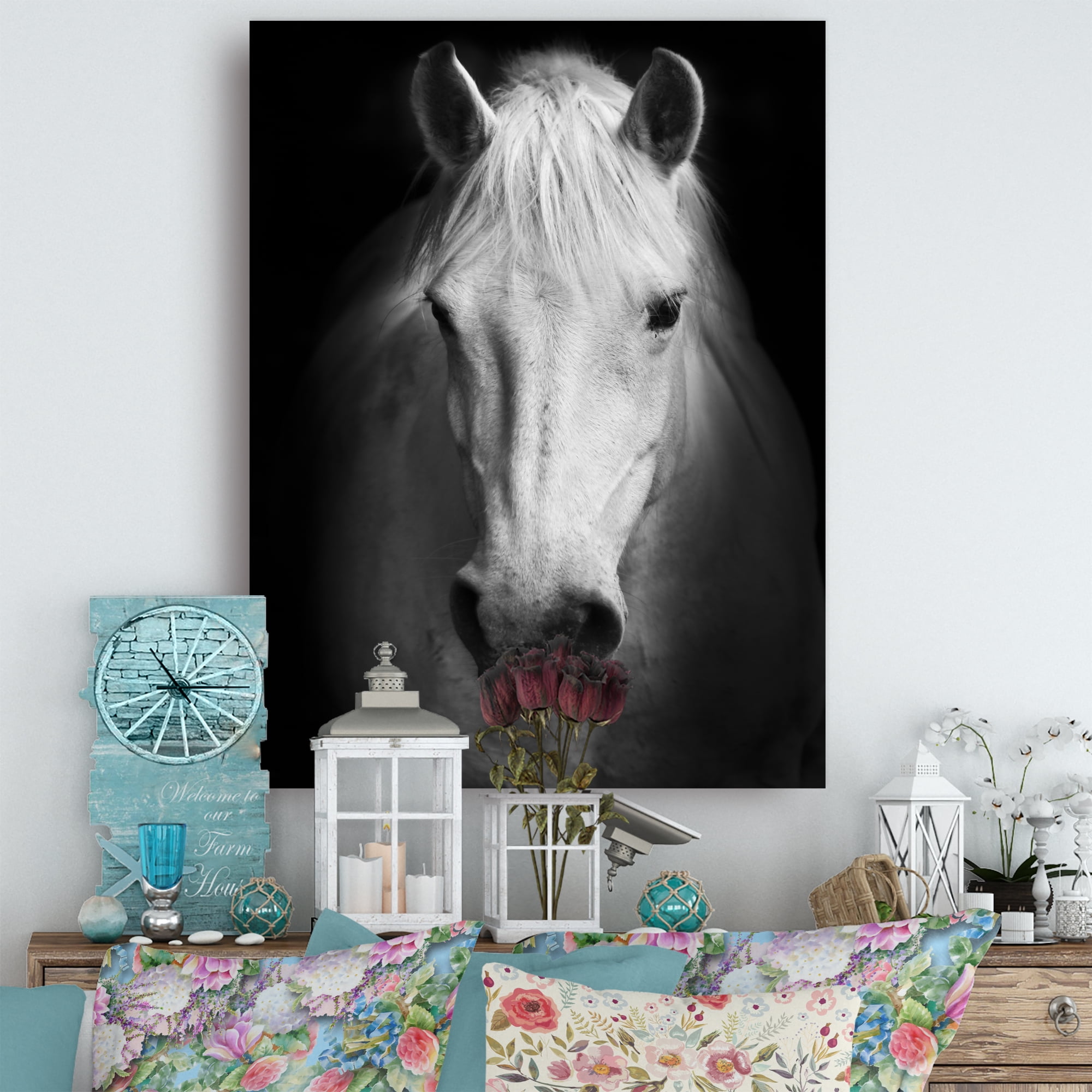 Designart 'White Horse Black and White ' Animal Canvas Art Print