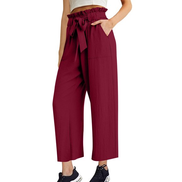 Burgundy Wine Juniors Adjustable High Cut Tie Knot Straight Leg Basic Loose Fit Lightweight Pants for Women Lace Spandex Summer Fall Pants 2025 Clothes Trendy Country Concert S