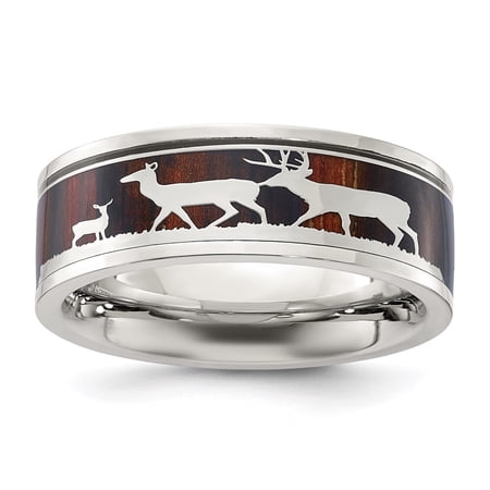 Auriga Fine Jewelry Stainless Steel Polished with Wood Inlay Deer Design 8mm Men s Band