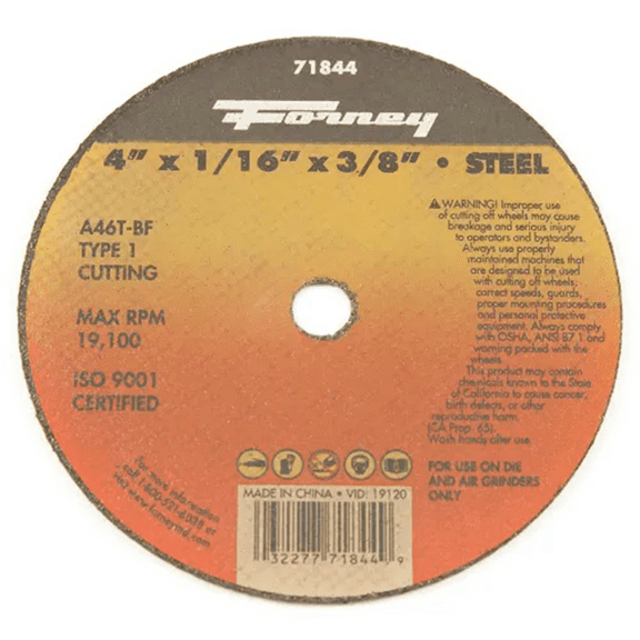 Forney Industries Cut-Off Wheel, Metal, Type 1, 4 in x 1/16 in x 3/8 in 5 PK