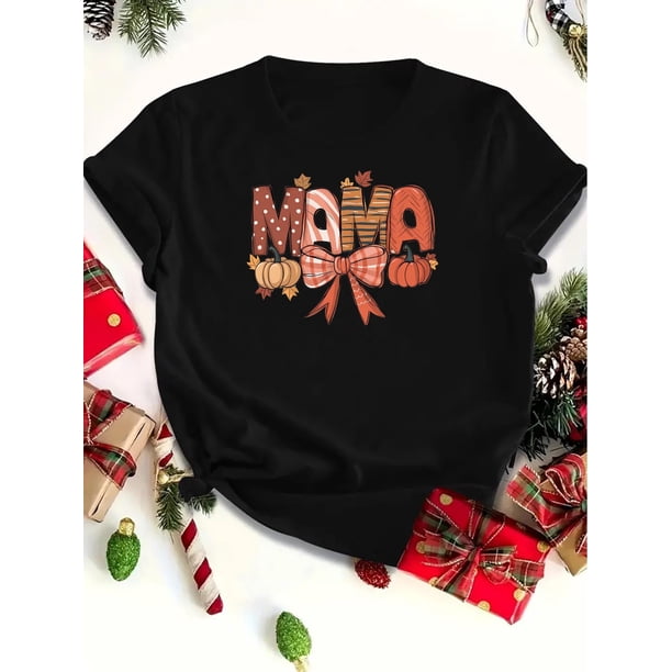 1pc Vintage Style Women'S T-Shirt, Geometric Pattern "MAMA" Print, Short Sleeve, Round Neck, Polyester Casual Top, Regular Length, Summer Season