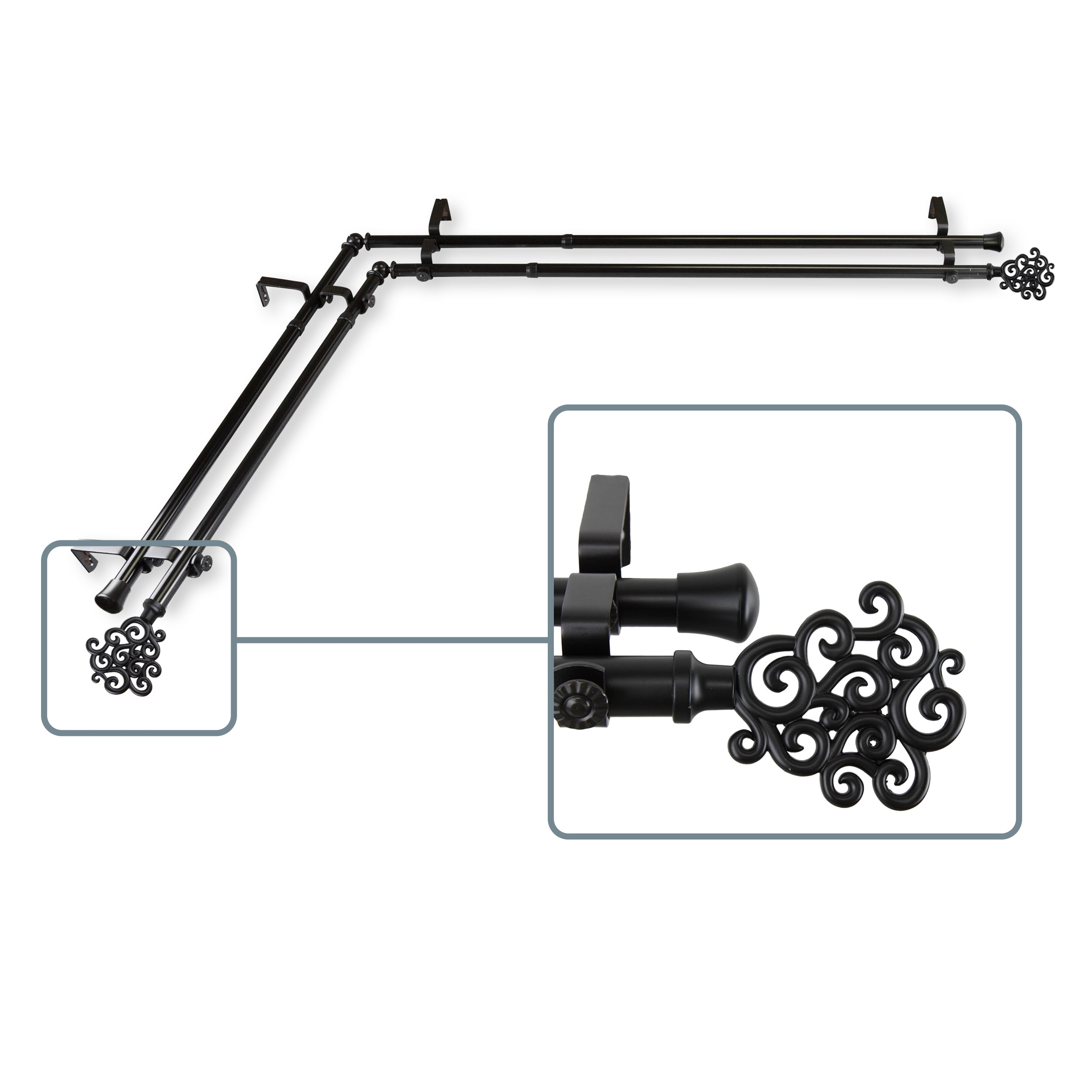 Fabritio 13/16 inch Double Corner Window Curtain Rod 120-170" - Black