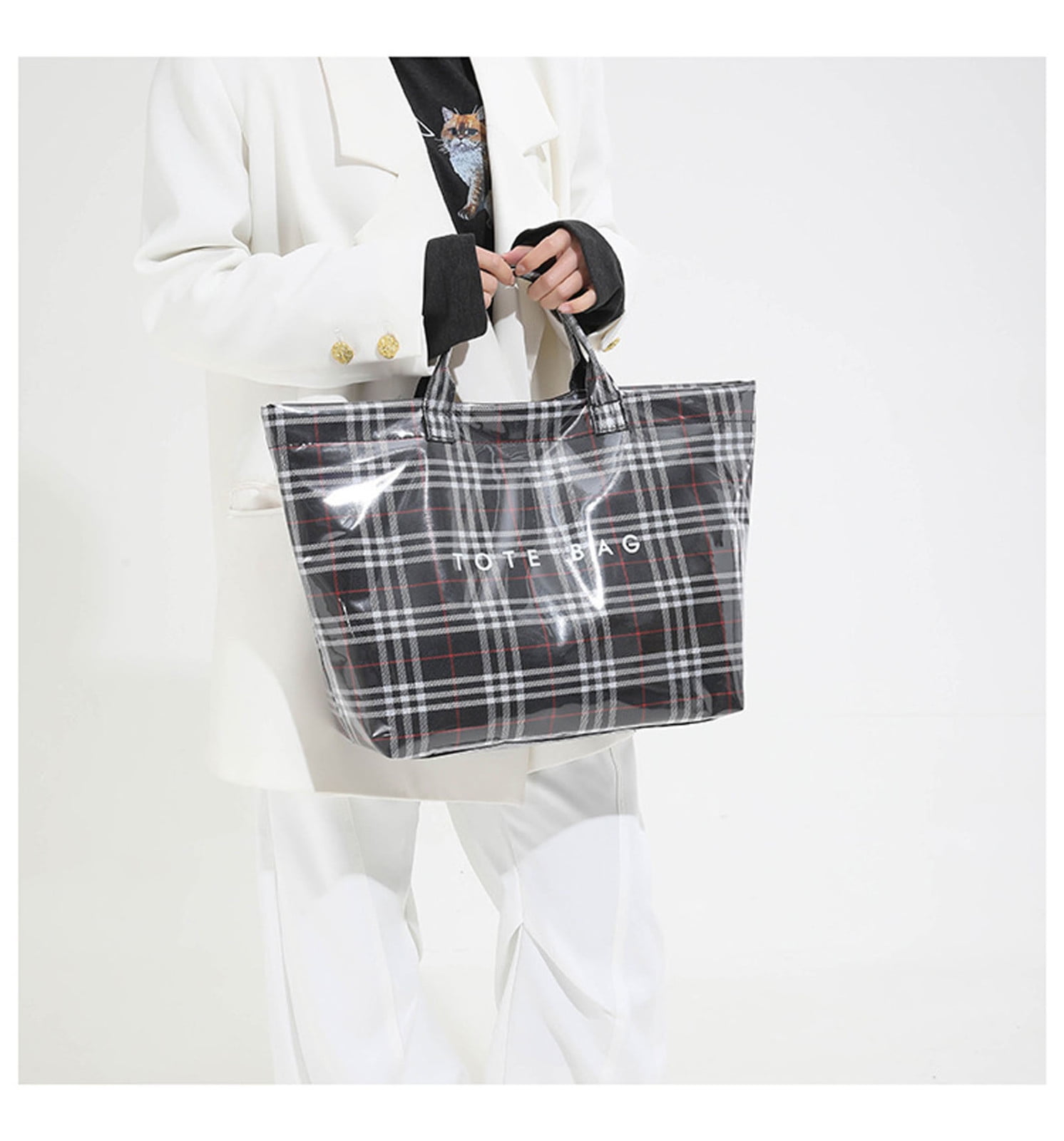 Comefolife Christmas Black Plaid PVC Tote Bag for Women Vintage Christmas Buffalo Check Tote Bag Plastic Handbag