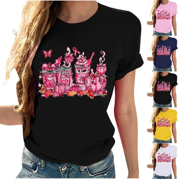 Axdhxbd Breast Cancer Shirts for Women Loose Casual Short Sleeve Crew Neck Tshirts Pink Ribbon Graphic Tees Breast Cancer Awareness Tops Pink L