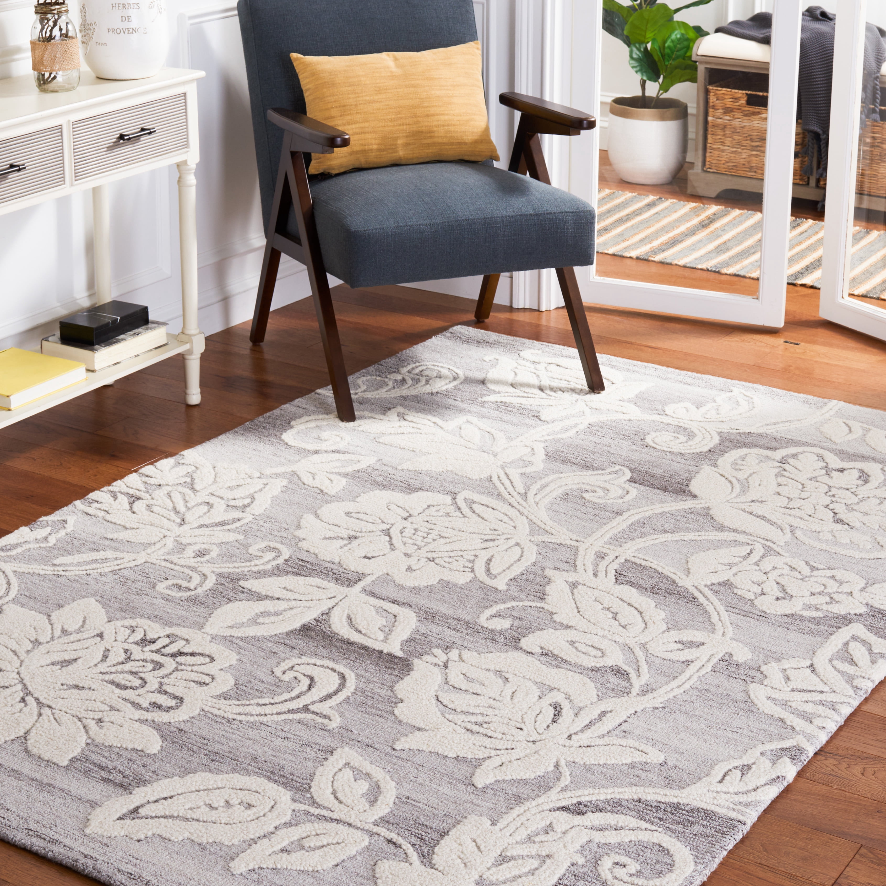 SAFAVIEH Jardin Isidor Floral Area Rug, Gray/Ivory, 6' x 6' Square