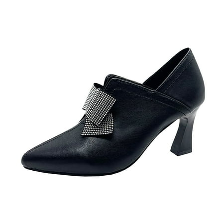 

adviicd Borne Boots Womens Leather Ladies Fashion Solid Color Leather Surface Rhinestone Bow Retro Thick High Heel