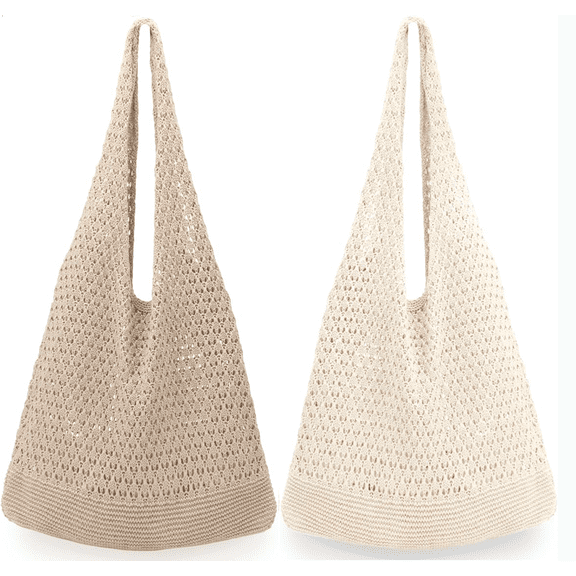 2 Pack Crochet Tote Bags for Women - Beige & Cream Knit Shoulder Bags, Aesthetic Hippie Summer Beach Bags
