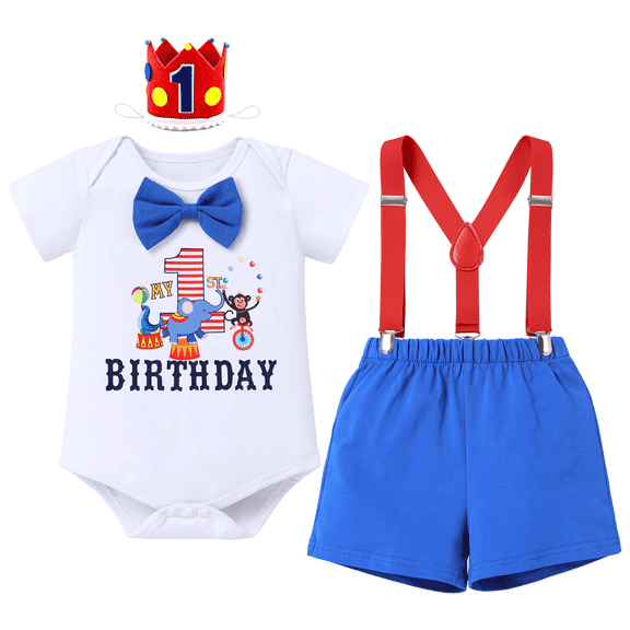 FYMNSI Baby Boy 1st Birthday Outfits Bow Tie Romper Shorts Adjustable Y Back Suspenders Set with Crown Infant Cake Smash Photo Shoot Clothes