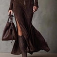 thumbnail image 4 of Women’s Brown Suede Maxi Dress High Neck Long Sleeve Slim Fit Dress with Front Zipper Leather Belt and Front Slit, 4 of 4