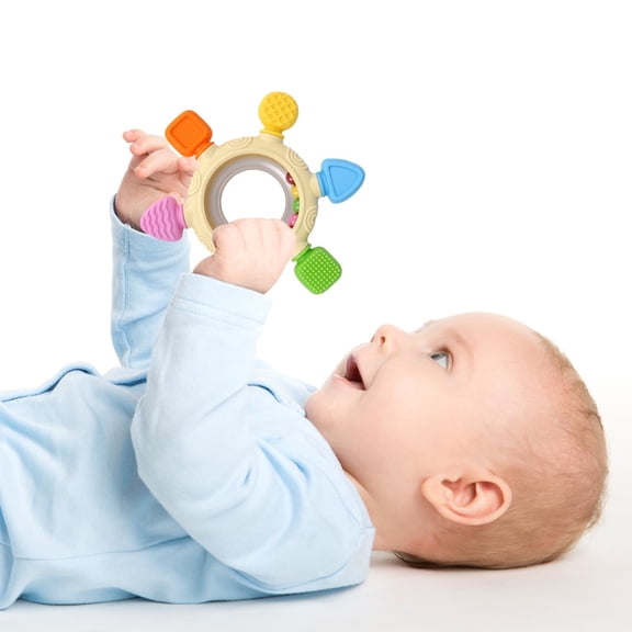 Baby Silicone Teethers for 0-24 Months Baby Rattles Teethering Rings BPA Free Baby Chew Toys Six-finger Bracelet Teether Neutral Newborn Gift