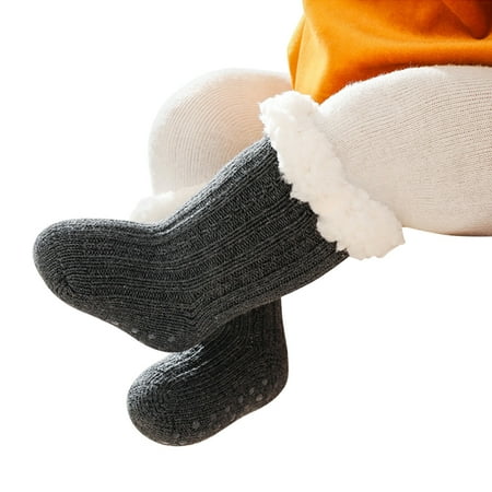 

kpoplk Baby Boy Girl Solid Ankle Crew Socks With Grips Toddler Kids Unisex Lined Warm Thick Little Boy No Show Socks(Dark Gray)