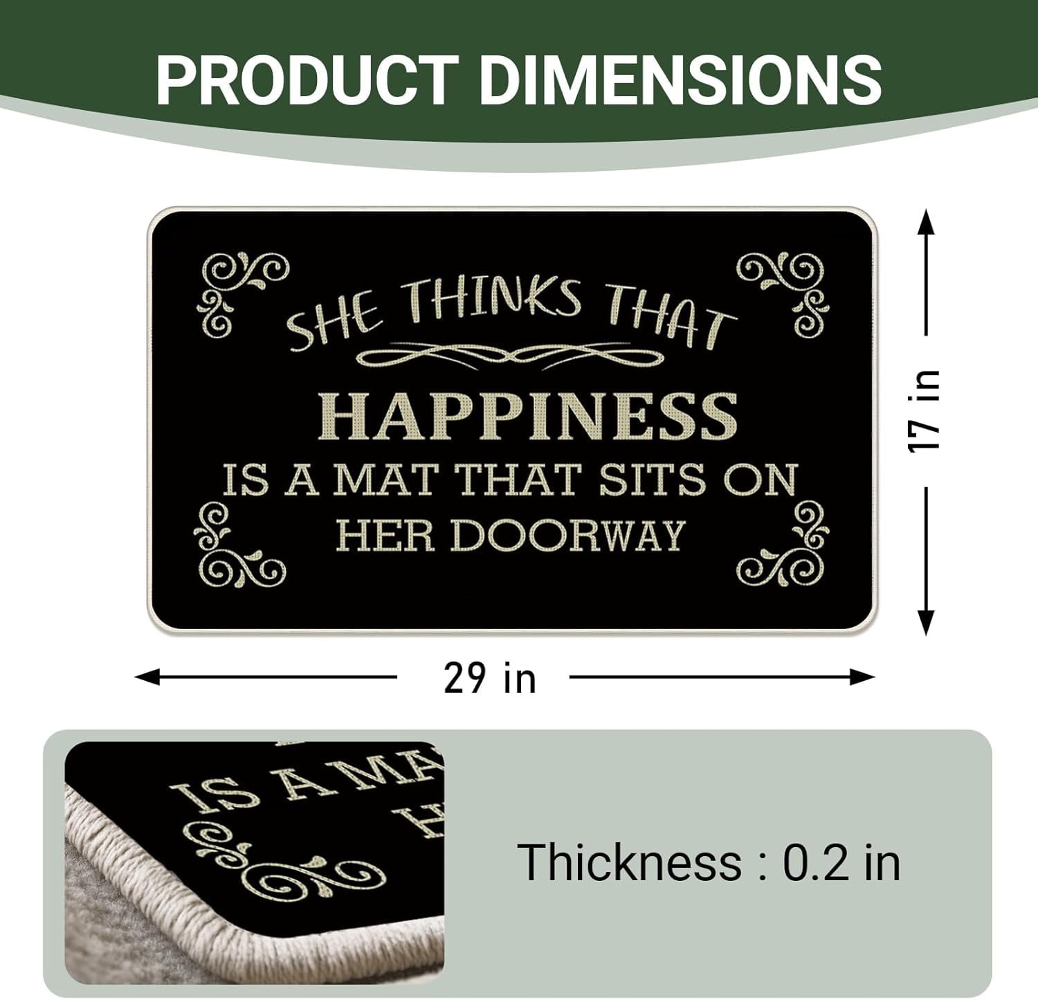 Funny She Thinks That Happiness is a Mat That Sits on Her Doorway Front Door Mat, Decorative Welcome Doormat Non-Slip Floor Entryway Rug, Low Profile Indoor Outdoor Home Kitchen Decor 17"x29"