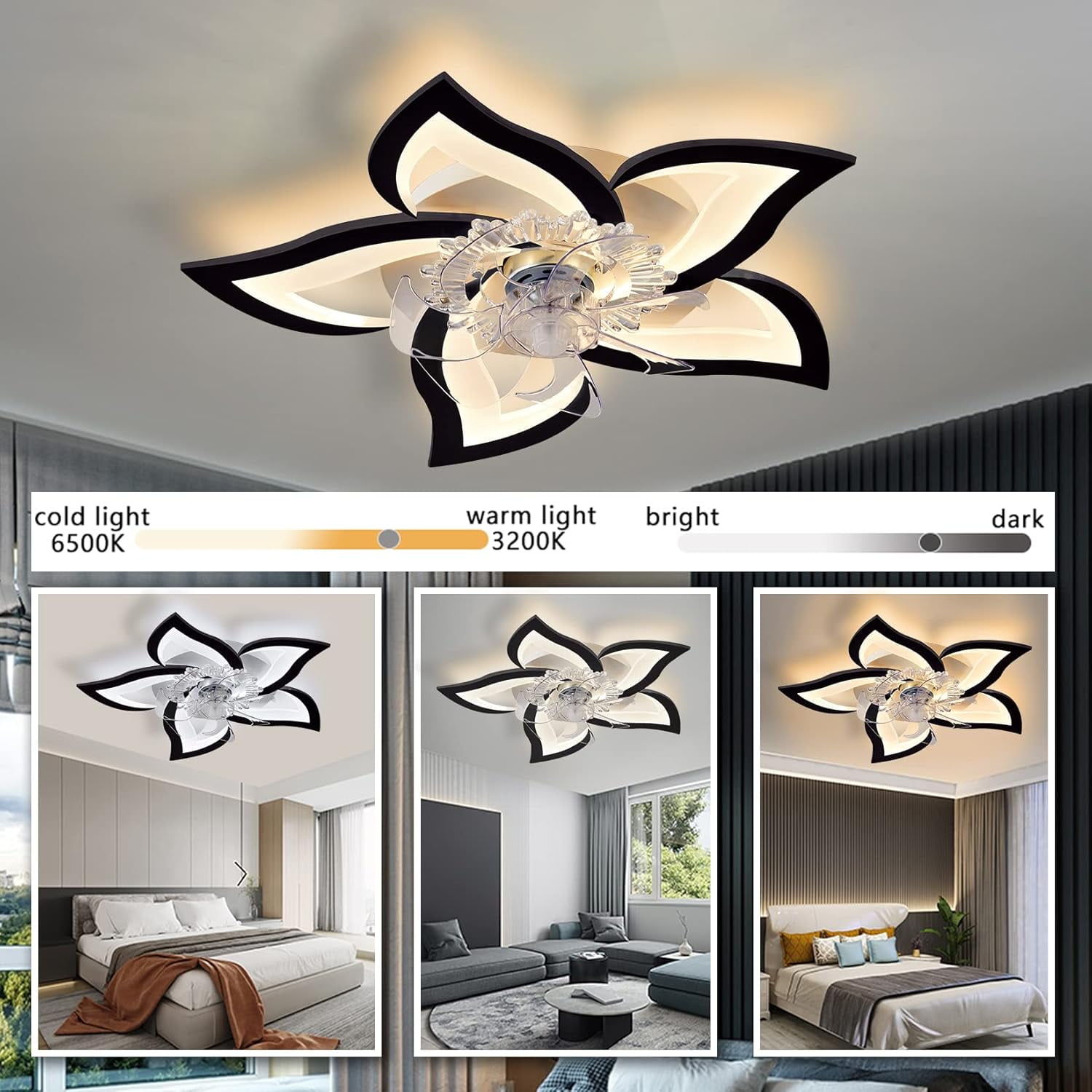 JLPAN Ceiling Fan with Lights Remote Control, Modern Dimmable Flower Shape,6 Speeds 3 Light Color Flush Mount Ceiling Fan for Kitchen Bedrooms, Black