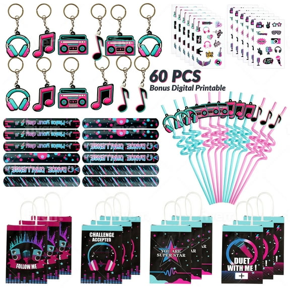 60Pcs Music Party Favors Set Of 12 Treat Bag Straw Keychain Wristband Music Stickers for Boy Girl Teens Social Media Birthday Party Favors