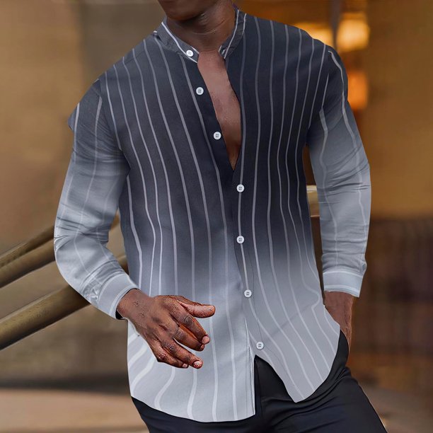 Blusa y camisa de manga larga con cuello alto para hombre, estilo informal, a rayas, con cuello alto, tipo cárdigan, camisa con botones, blusa de poliéster para hombre