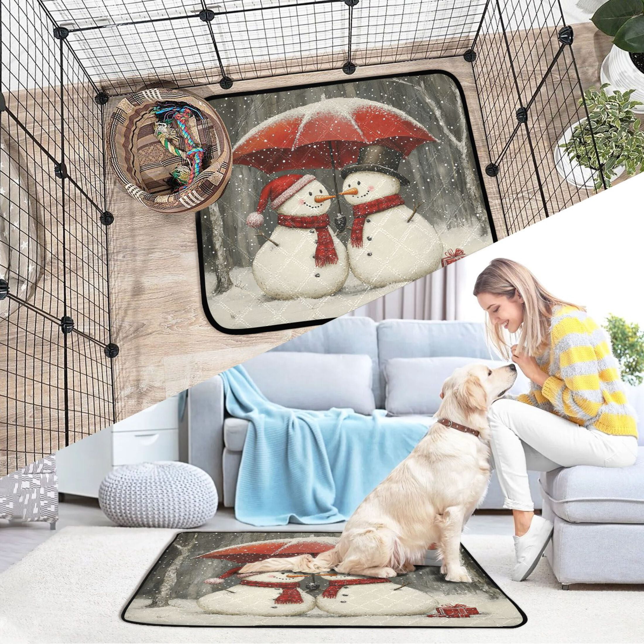 Qxltty Snowman Couple Cat litter Pads Pet Set of 2 Diaper Mats Center Anti-leakage Layer Absorbent Soft and Comfortable