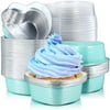 Valentine Aluminum Foil Cake Pan Heart Shaped Cupcake Cup with Lids 100 ml/ 3.4 ounces Disposable Mini Cupcake Cup Flan Baking Cups Pan with Lid for Mother's Day Christmas Birthday (100, Blue)