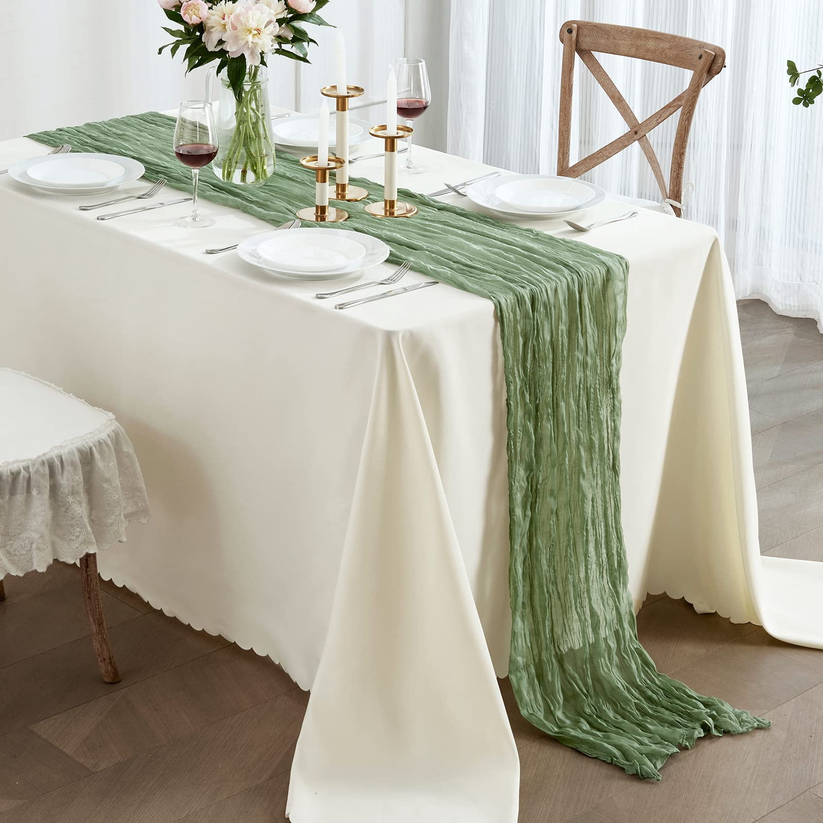 6 Pack Sage Green Cheesecloth Table Runners 10ft Wide Gauze Boho for Bridal Shower Wedding Table Decorations