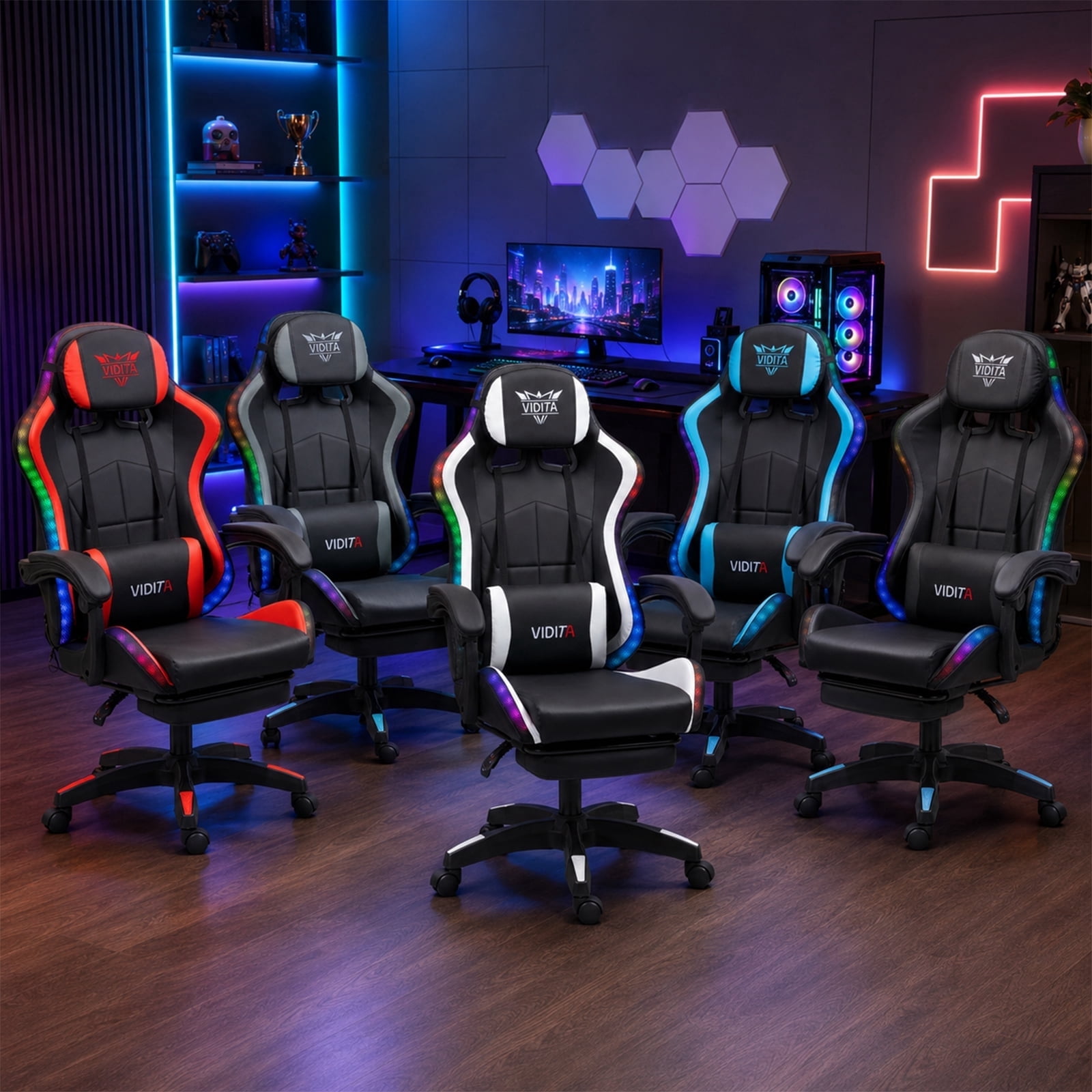 VIDITA Ergonomic PU Leather Home Offices Gaming Chair with Massage Function and LED Lights, Black/White
